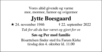 Dødsannoncen for Jytte Boesgaard - Farum