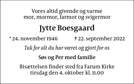 Dødsannoncen for Jytte Boesgaard - Farum