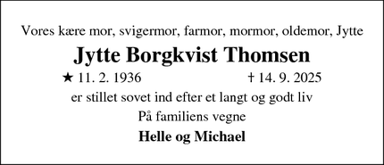 Dødsannoncen for Jytte Borgkvist Thomsen - Randers