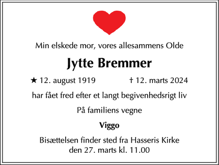 Dødsannoncen for Jytte Bremmer - Charlottenlund