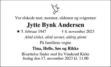 Dødsannoncen for Jytte Bynk Andersen - frederiksværk