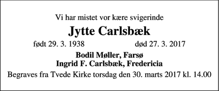 Dødsannoncen for Jytte Carlsbæk - Tvede, ved Randers
