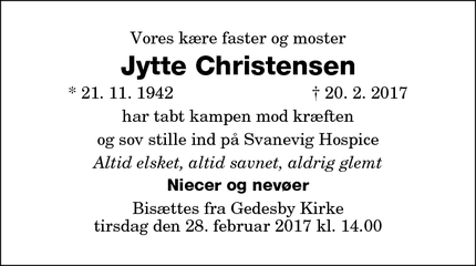 Dødsannoncen for Jytte Christensen - Gedser