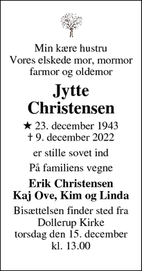 Dødsannoncen for Jytte Christensen - Skelhøje