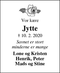 Dødsannoncen for Jytte - Stadil