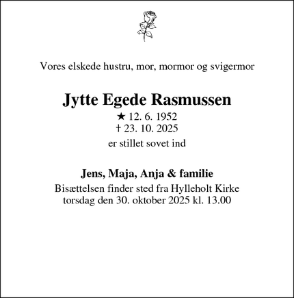 Dødsannoncen for Jytte Egede Rasmussen - Faxe Ladeplads