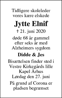 Dødsannoncen for Jytte Elnif - Århus