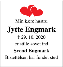 Dødsannoncen for Jytte Engmark - Bækmarksbro