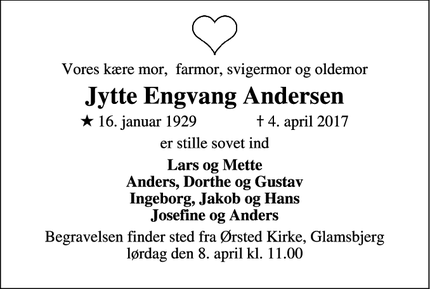 Dødsannoncen for Jytte Engvang Andersen - Trige