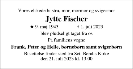 Dødsannoncen for Jytte Fischer - Ringsted 