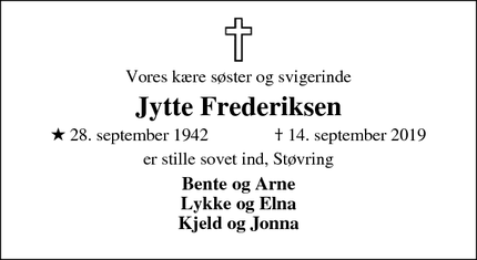 Dødsannoncen for Jytte Frederiksen - Støvring