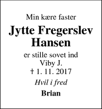Dødsannoncen for Jytte Fregerslev Hansen - Viby