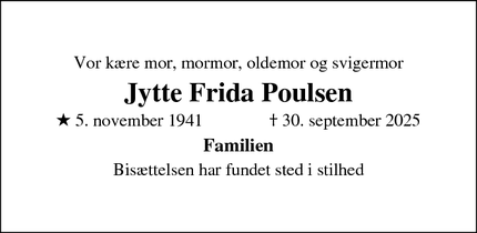 Dødsannoncen for Jytte Frida Poulsen - Farum