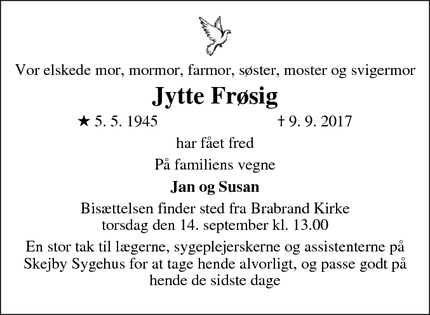 Dødsannoncen for Jytte Frøsig - Viby