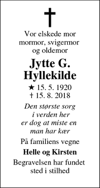 Dødsannoncen for Jytte G. Hyllekilde - Faaborg