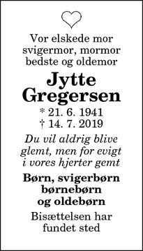 Dødsannoncen for Jytte Gregersen - Nørager