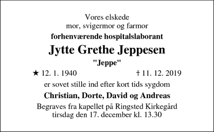 Dødsannoncen for Jytte Grethe Jeppesen - Ringsted