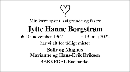Dødsannoncen for Jytte Hanne Borgstrøm - 5631