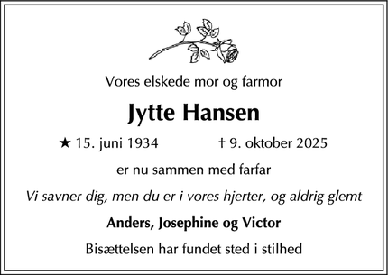 Dødsannoncen for Jytte Hansen - København