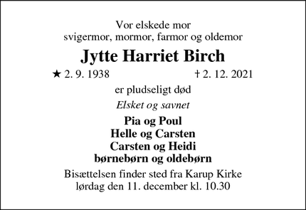 Dødsannoncen for Jytte Harriet Birch - Viborg