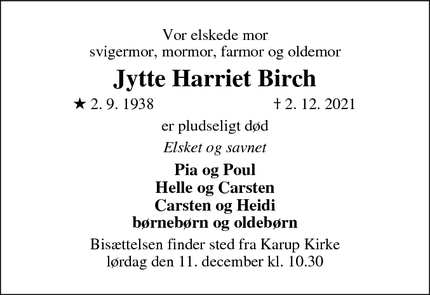 Dødsannoncen for Jytte Harriet Birch - Viborg