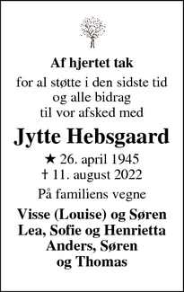 Dødsannoncen for Jytte Hebsgaard - Skanderborg