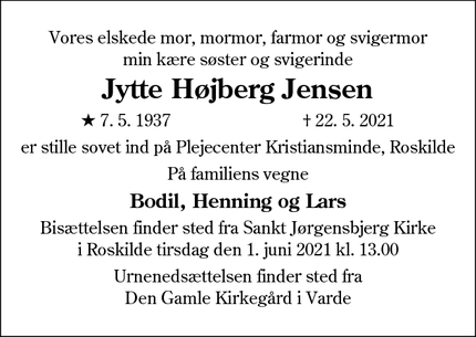 Dødsannoncen for Jytte Højberg Jensen - Varde / Roskilde