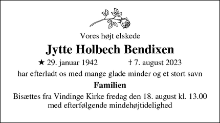 Dødsannoncen for Jytte Holbech Bendixen - Vindinge