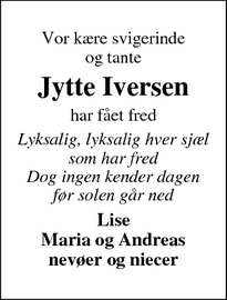 Dødsannoncen for Jytte Iversen - Hvide Sande