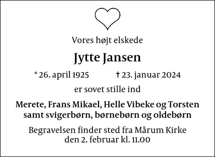 Dødsannoncen for Jytte Jansen - København K