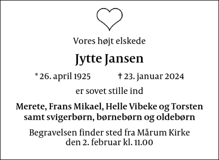 Dødsannoncen for Jytte Jansen - København K