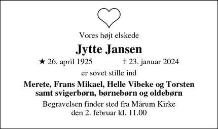 Dødsannoncen for Jytte Jansen - København K