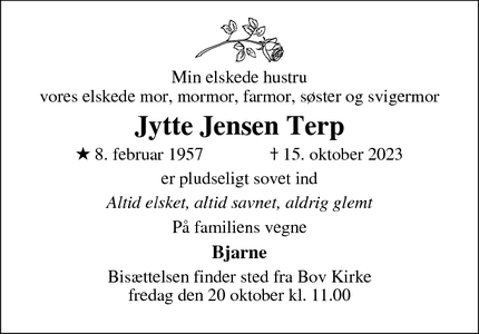 Dødsannoncen for Jytte Jensen Terp - Padborg