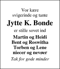 Dødsannoncen for Jytte K. Bonde - Hvide Sande