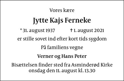 Dødsannoncen for Jytte Kajs Ferneke - Fredensborg