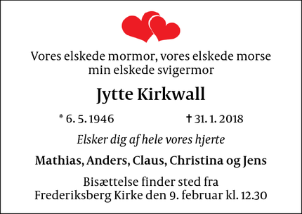 Dødsannoncen for Jytte Kirkwall - Frederikeberg