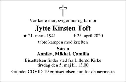 Dødsannoncen for Jytte Kirsten Toft - Allerød
