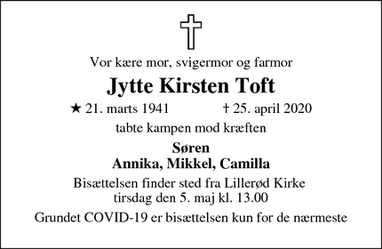 Dødsannoncen for Jytte Kirsten Toft - Allerød