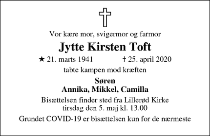 Dødsannoncen for Jytte Kirsten Toft - Allerød