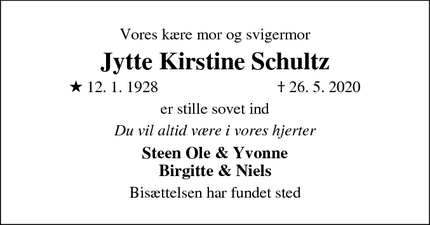Dødsannoncen for Jytte Kirstine Schultz - Nødebo