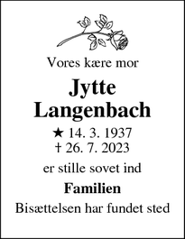 Dødsannoncen for Jytte
Langenbach - Sorø