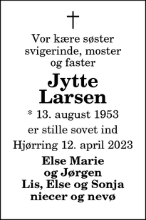 Dødsannoncen for Jytte Larsen - Hjørring
