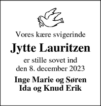 Dødsannoncen for Jytte Lauritzen - Skjern