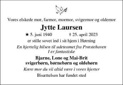 Dødsannoncen for Jytte Laursen - Hørning