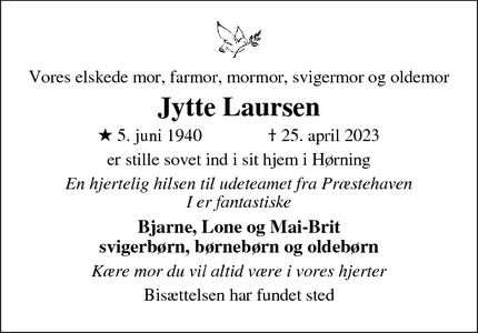 Dødsannoncen for Jytte Laursen - Hørning