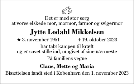 Dødsannoncen for Jytte Lodahl Mikkelsen - Herning/København