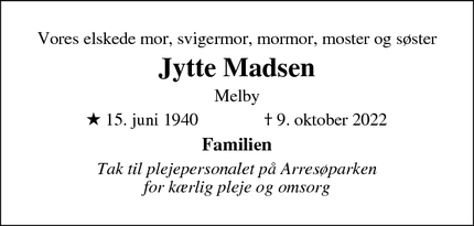 Dødsannoncen for Jytte Madsen - Melby