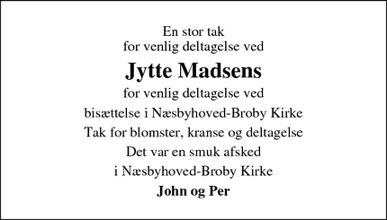 Dødsannoncen for Jytte Madsens - Odense
