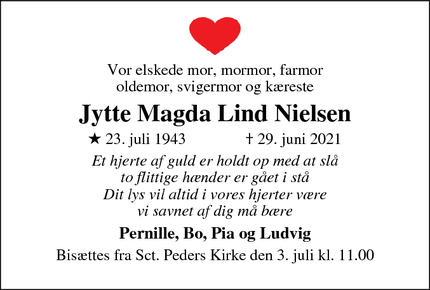 Dødsannoncen for Jytte Magda Lind Nielsen - Næstved