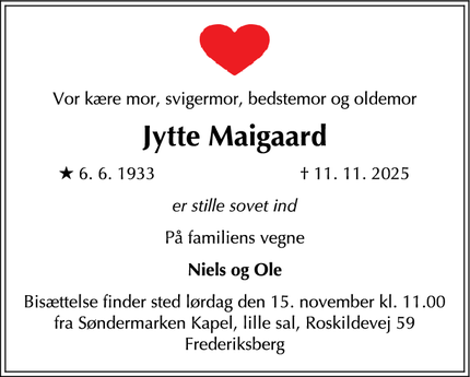 Dødsannoncen for Jytte Maigaard - Frederiksberg
